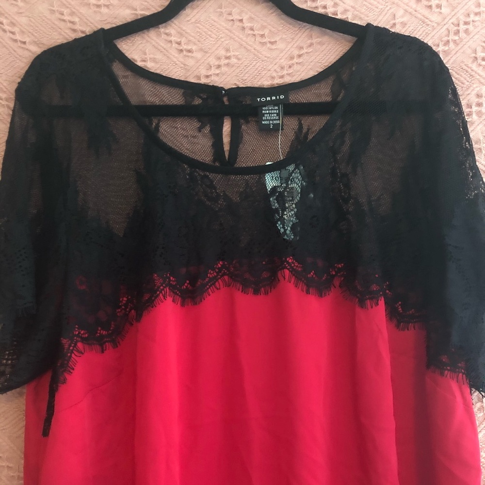 TORRID HOT PINK AND BLACK SHEER LACE BLOUSE